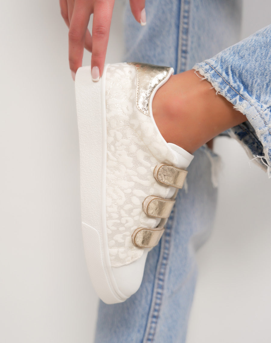 Basket femme blanche tendance à scratch léopard doré et détail brillant