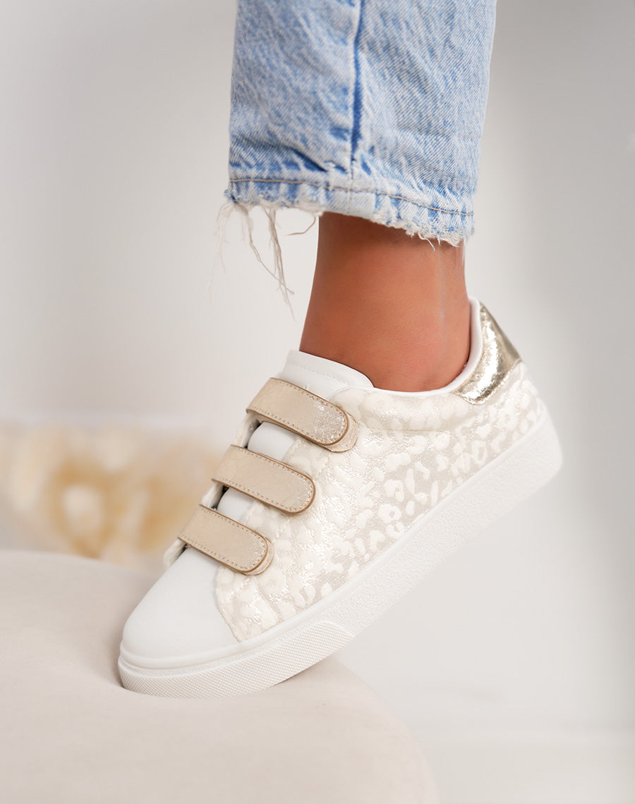 Basket femme blanche tendance à scratch léopard doré et détail brillant
