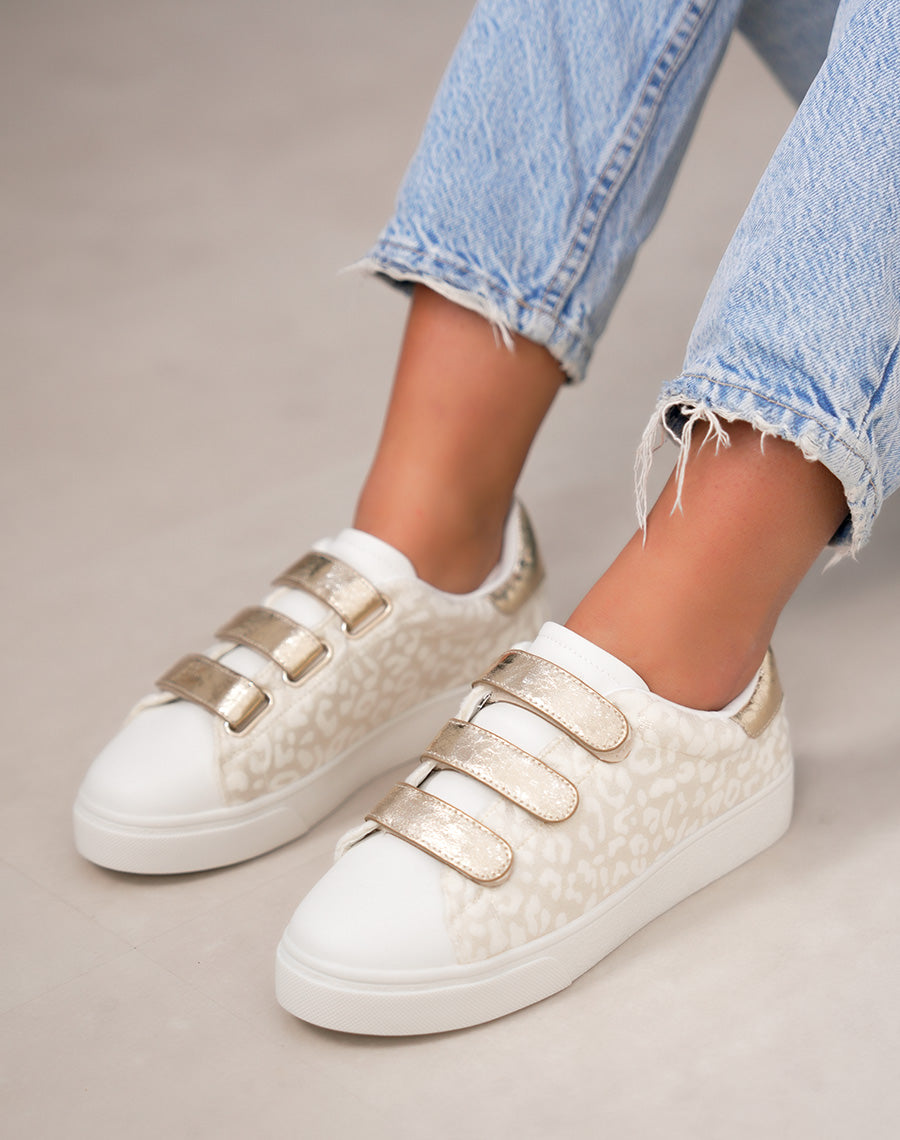 Basket femme blanche tendance à scratch léopard doré et détail brillant
