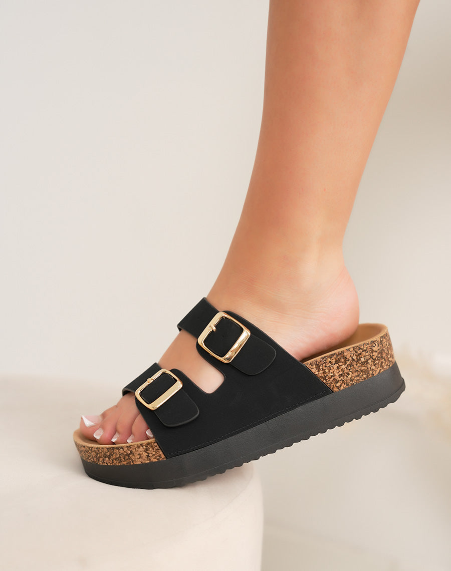 Mules femme noires tendance à double brides et plateforme épaisse en liège
