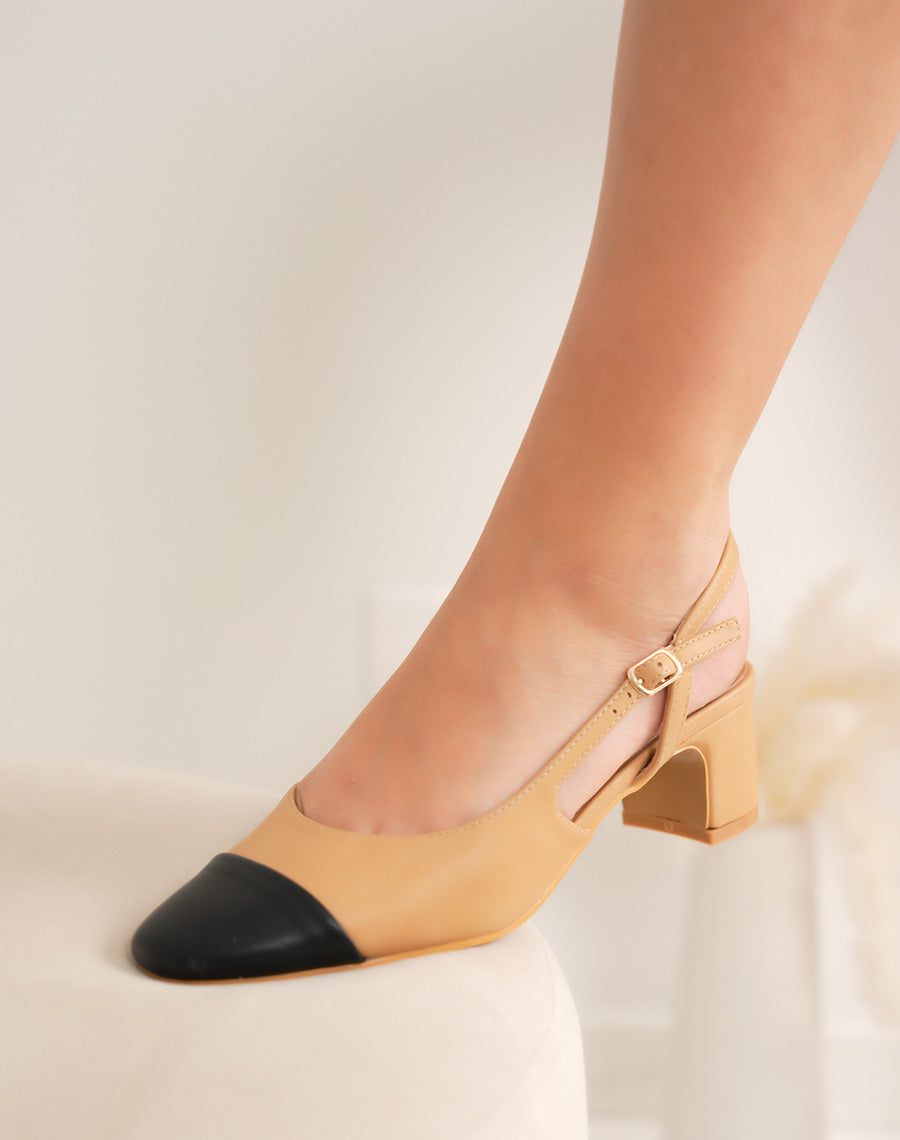 Escarpins femme camel à bout noir élégant avec lanière ajustable et talon