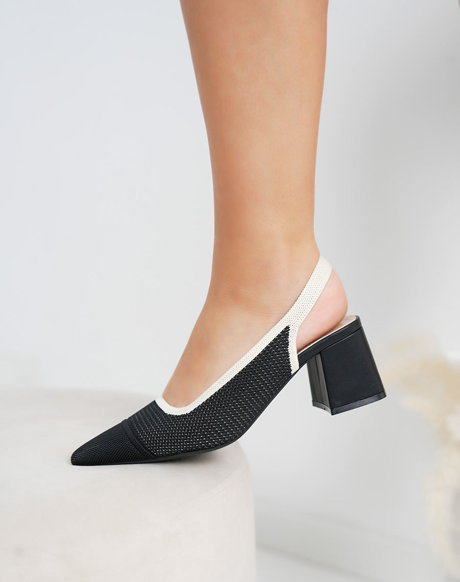 Escarpins femme noir à bout pointu et talon carré 6cm avec contour beige effet tissé