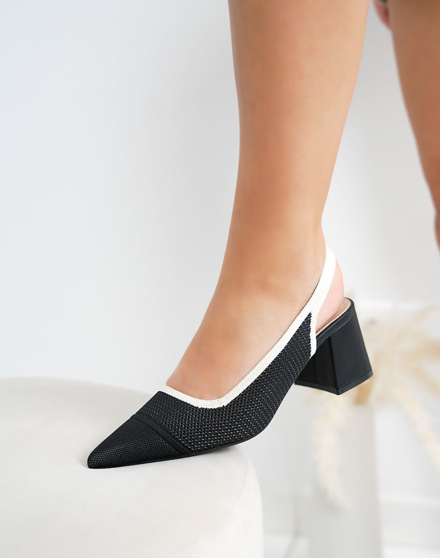 Escarpins femme noir à bout pointu et talon carré 6cm avec contour beige effet tissé