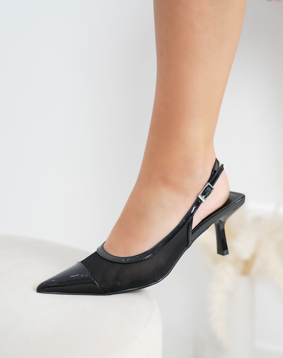 Escarpins femme noir à effet tulle transparent, bout pointu et talon fin 6cm