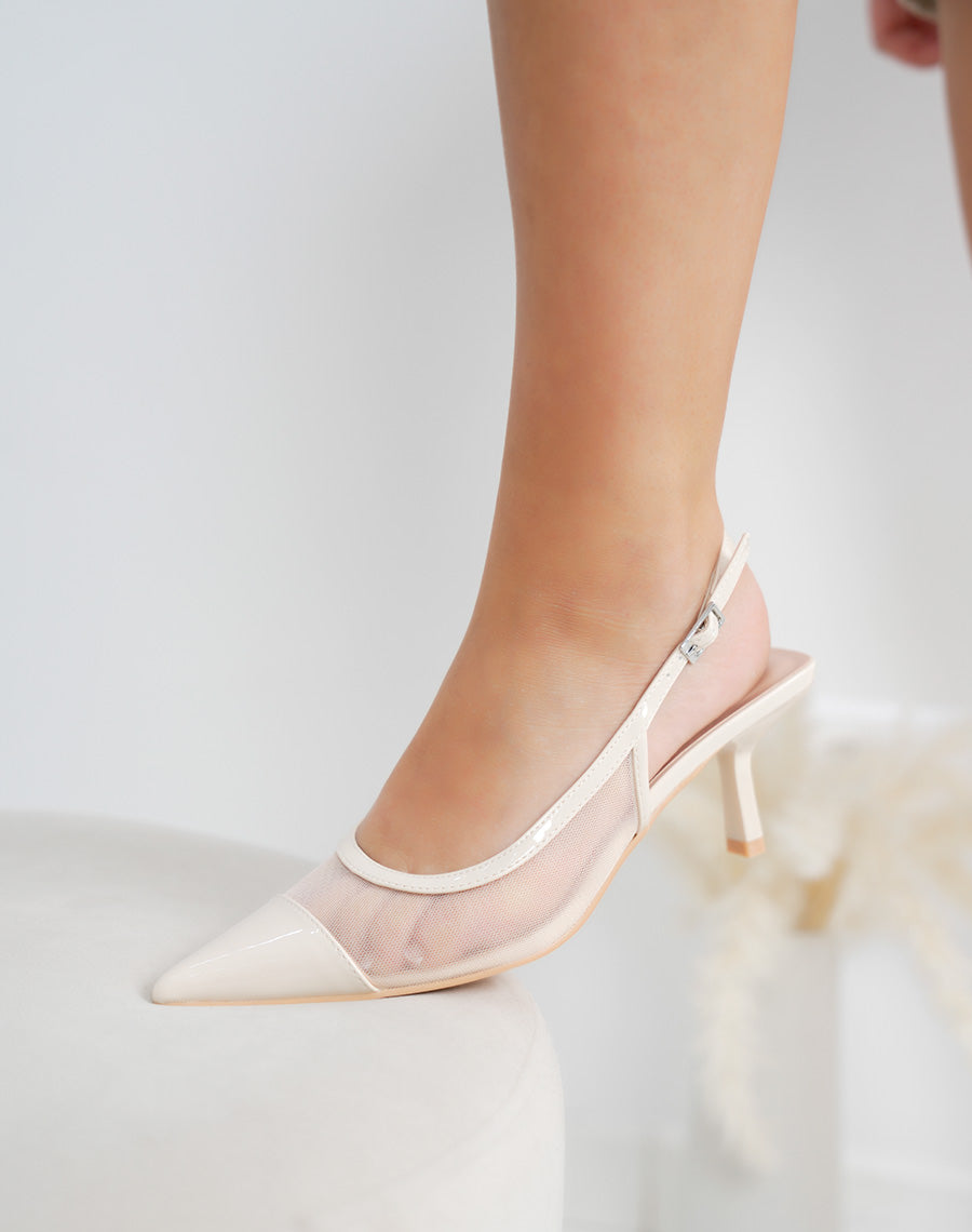 Escarpins femme beige à effet tulle, bout pointu et talon fin de 6cm
