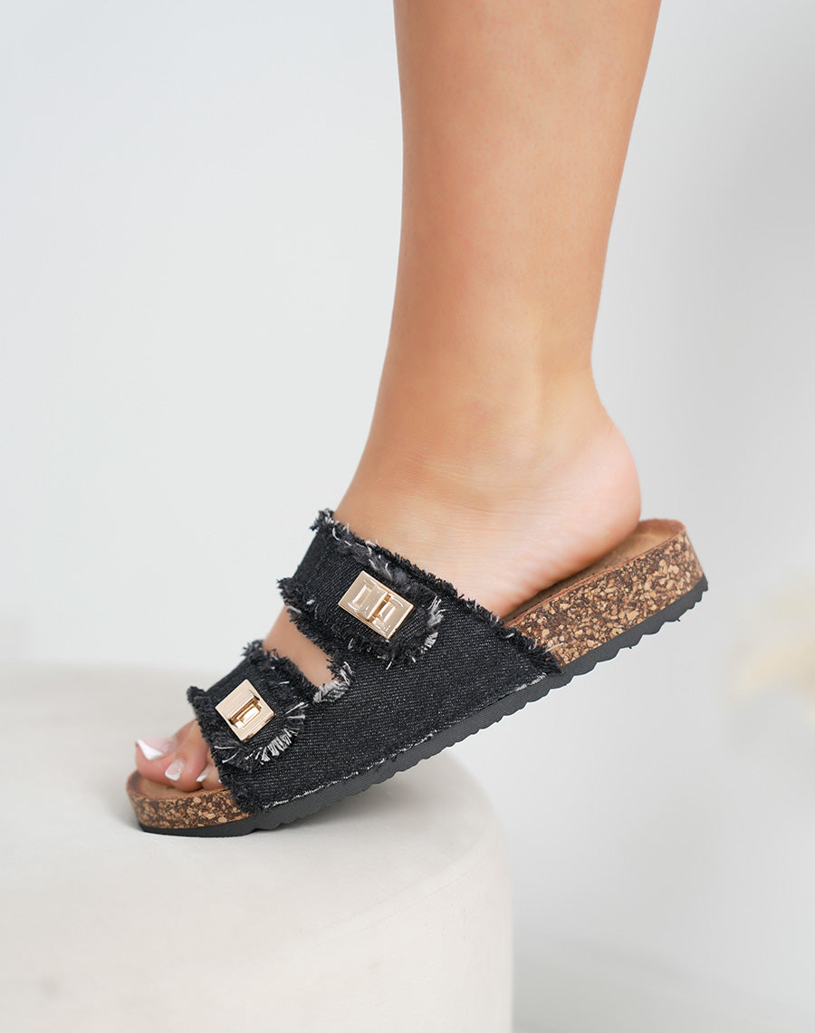 Mules femme noires effet jean déchiré avec boucles dorées et semelle marron