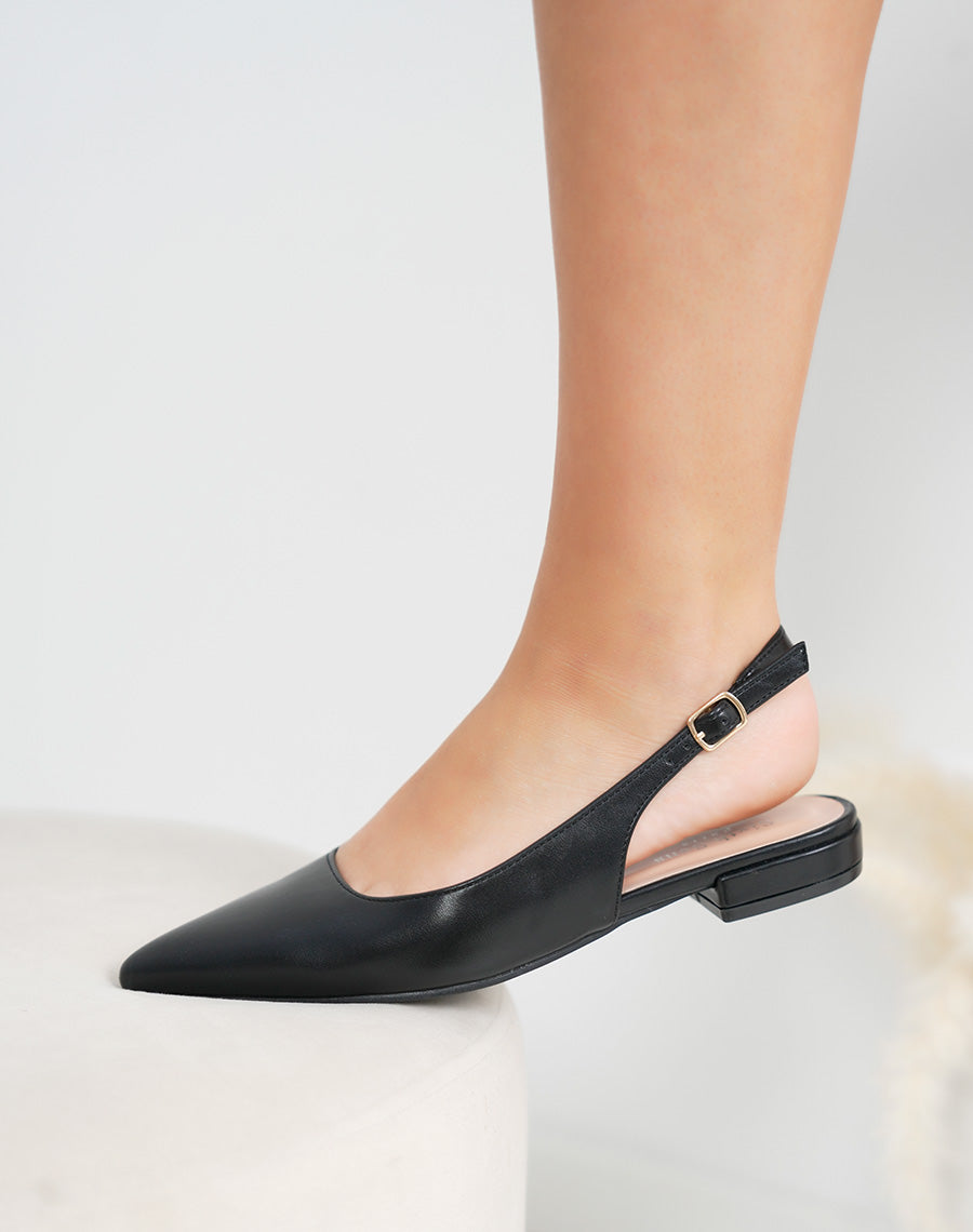 Escarpins femme noir mat plats à bout pointu avec lanière ajustable