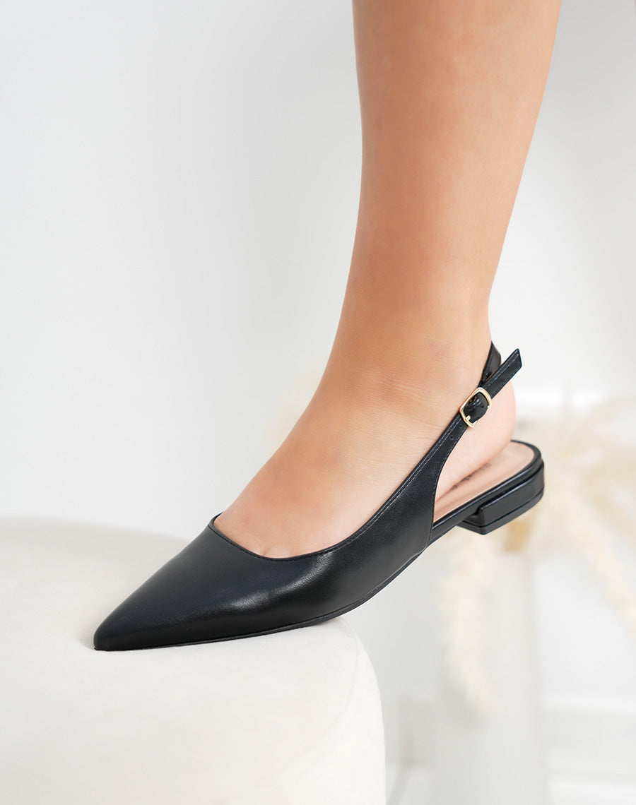 Escarpins femme noir mat plats à bout pointu avec lanière ajustable