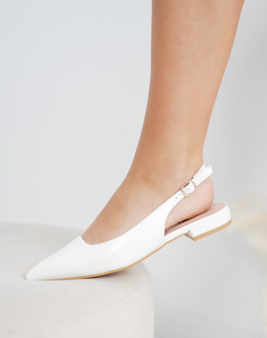 Escarpins femme blancs mats plats à bout pointu avec lanière ajustable
