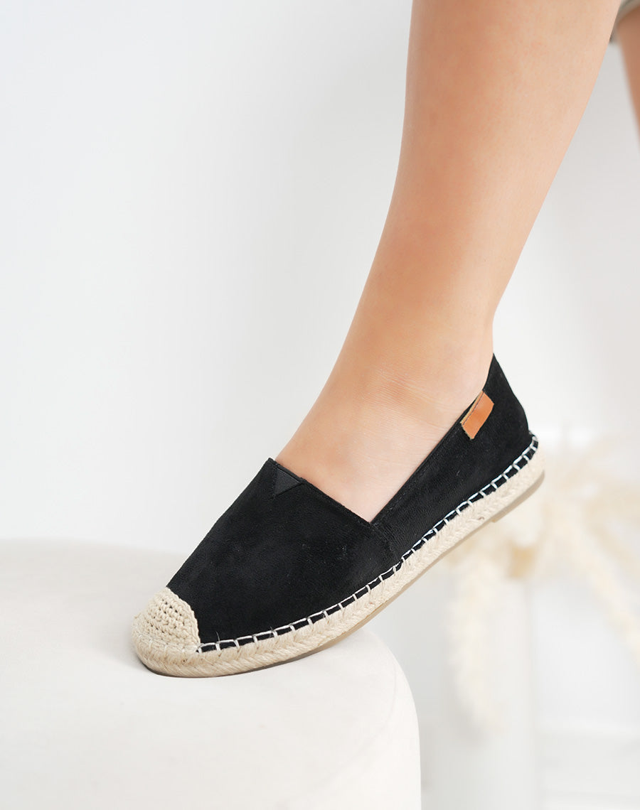 Espadrilles femme noires tendance en suédine avec bout corde tressée