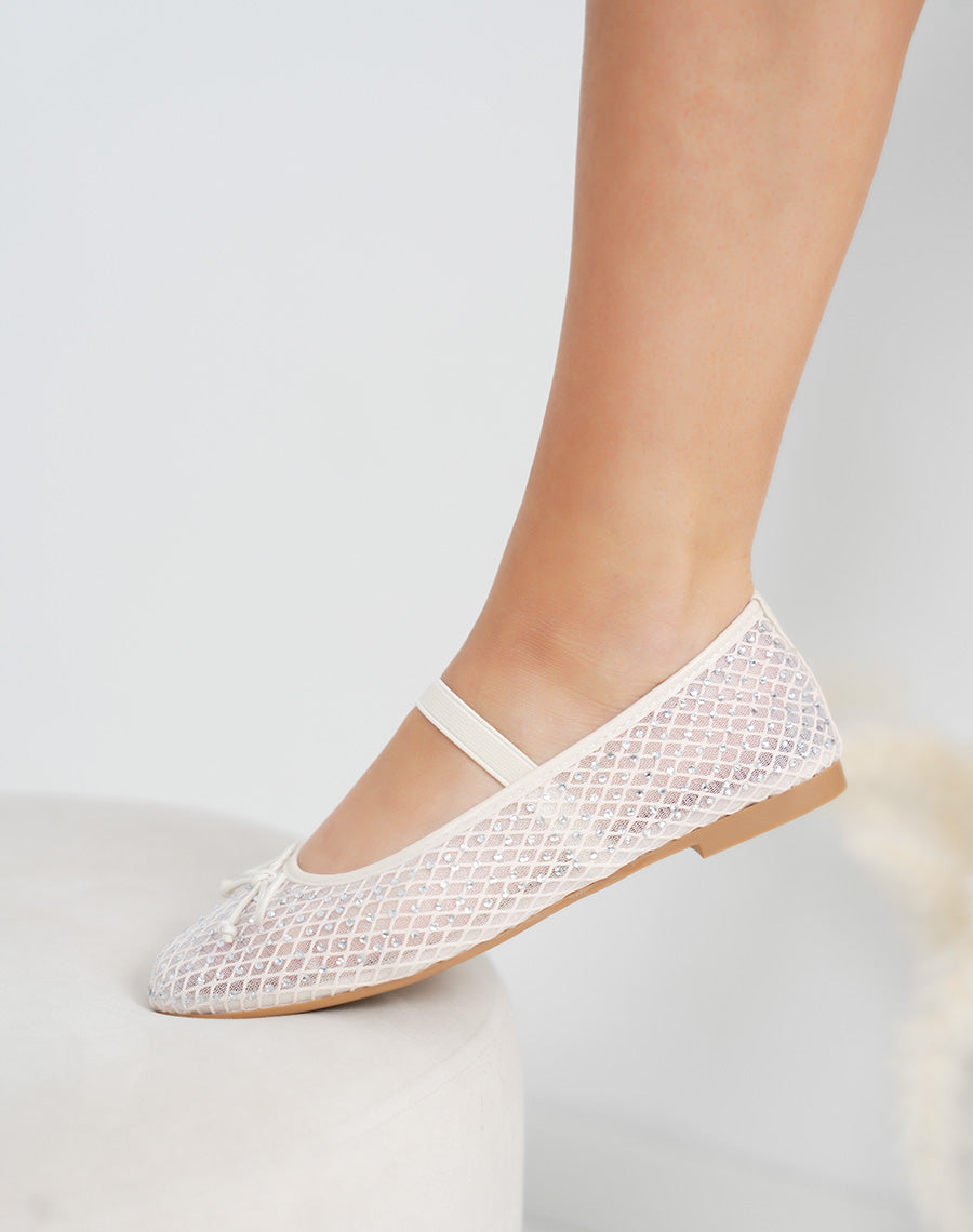 Ballerines femme beiges transparentes à strass chic avec nœud et lanière