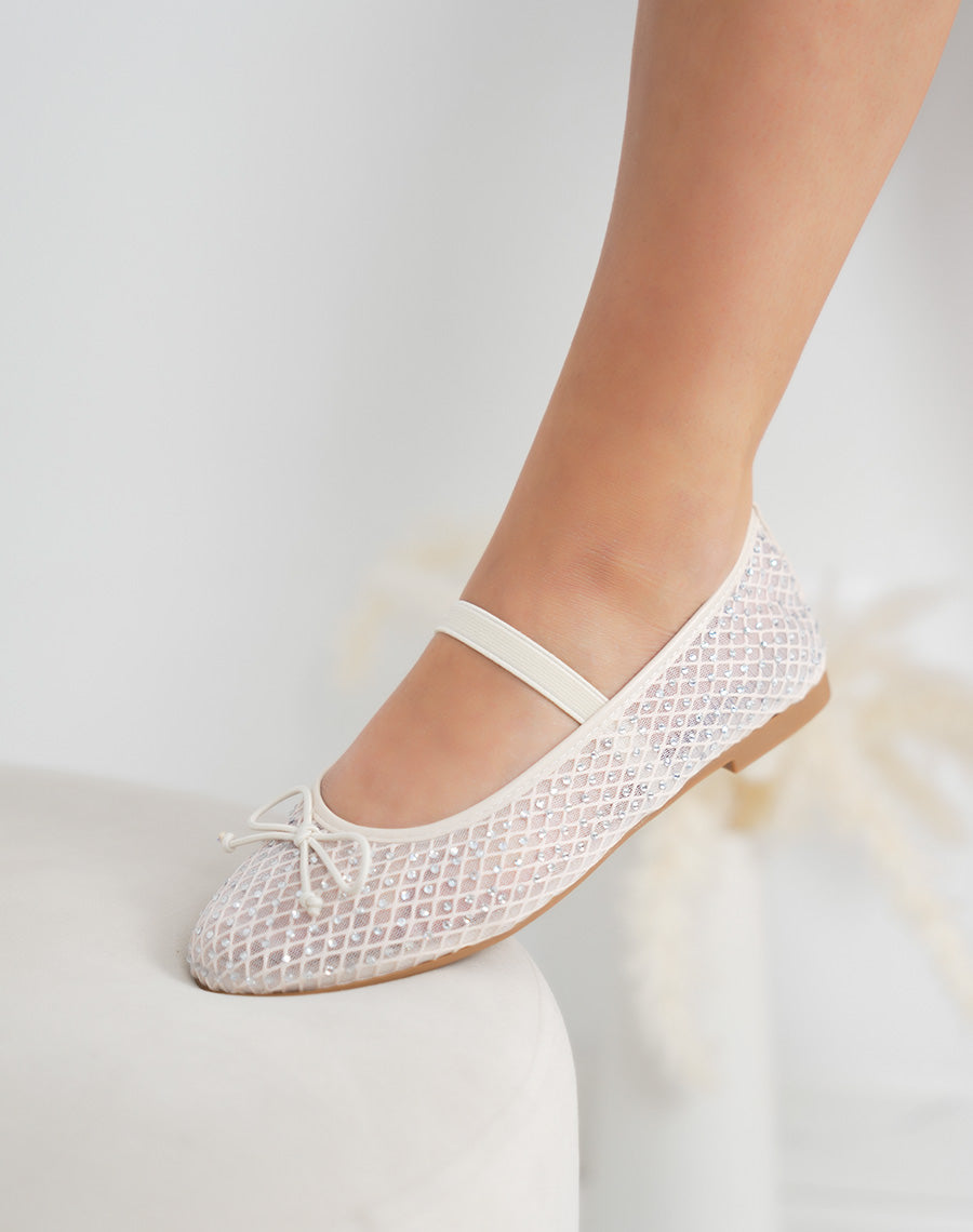 Ballerines femme beiges transparentes à strass chic avec nœud et lanière