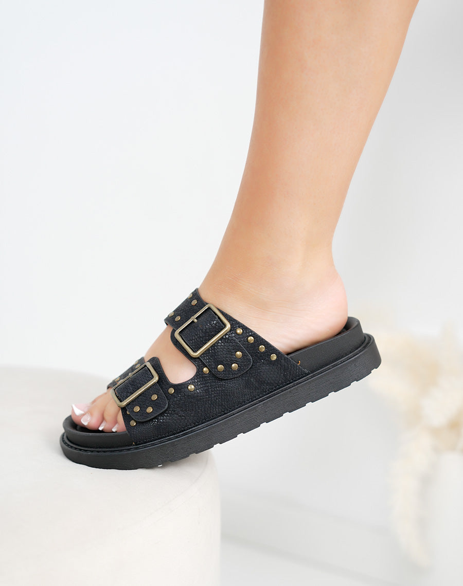 Mules femme noires effet serpent tendance avec détails dorés et semelle plate