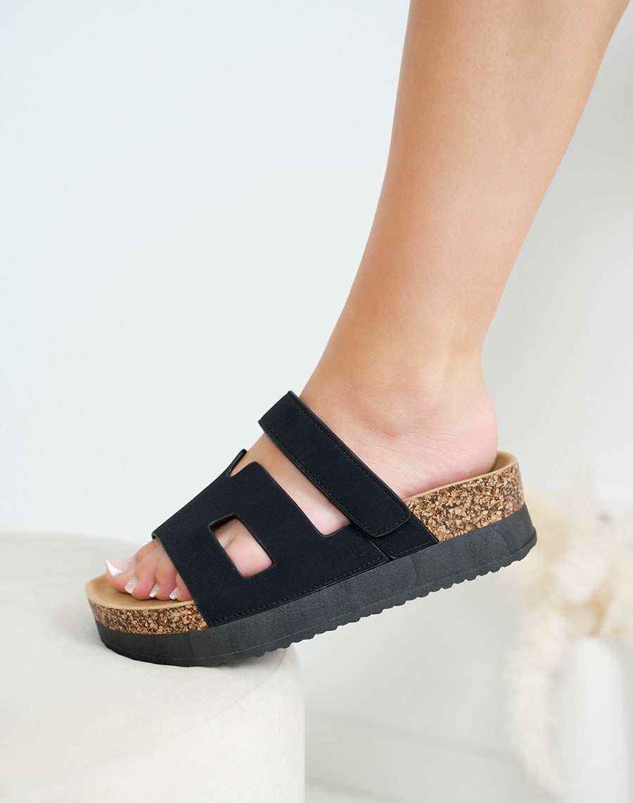 Mules femme noires en suédine à bride H et plateforme confortable