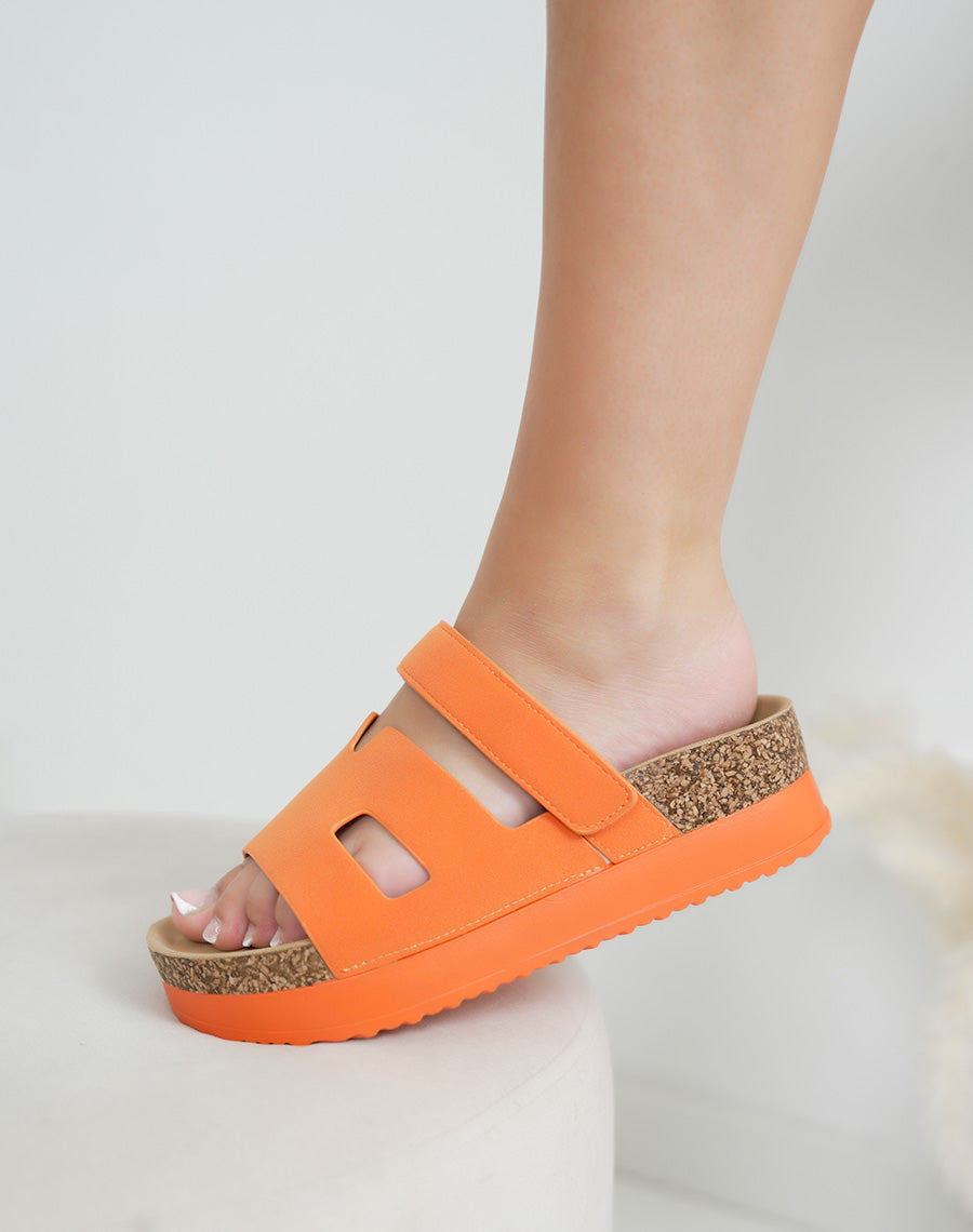 Mules femme orange en suédine à bride H et semelle plateforme épaisse
