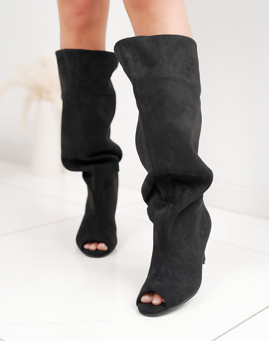 Bottes noires femme en suédine à talon aiguille – Bout ouvert tendance
