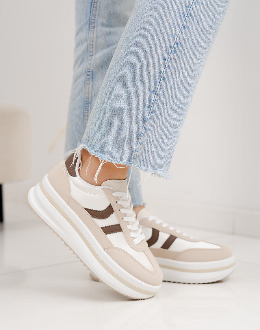 Baskets beige femme à double rayures marrons – Semelle plateforme blanche