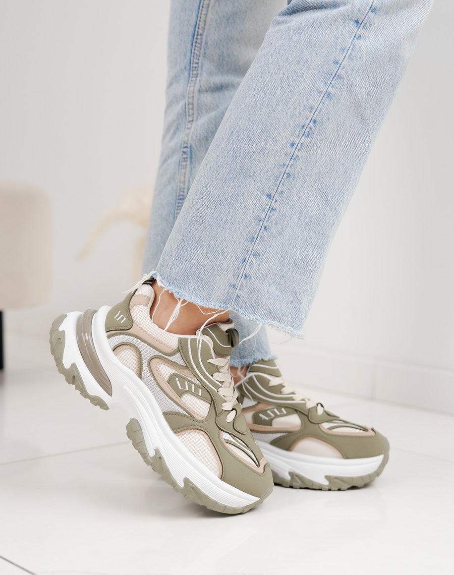 Baskets épaisses vert kaki et blanches femme – Semelle crantée et plateforme