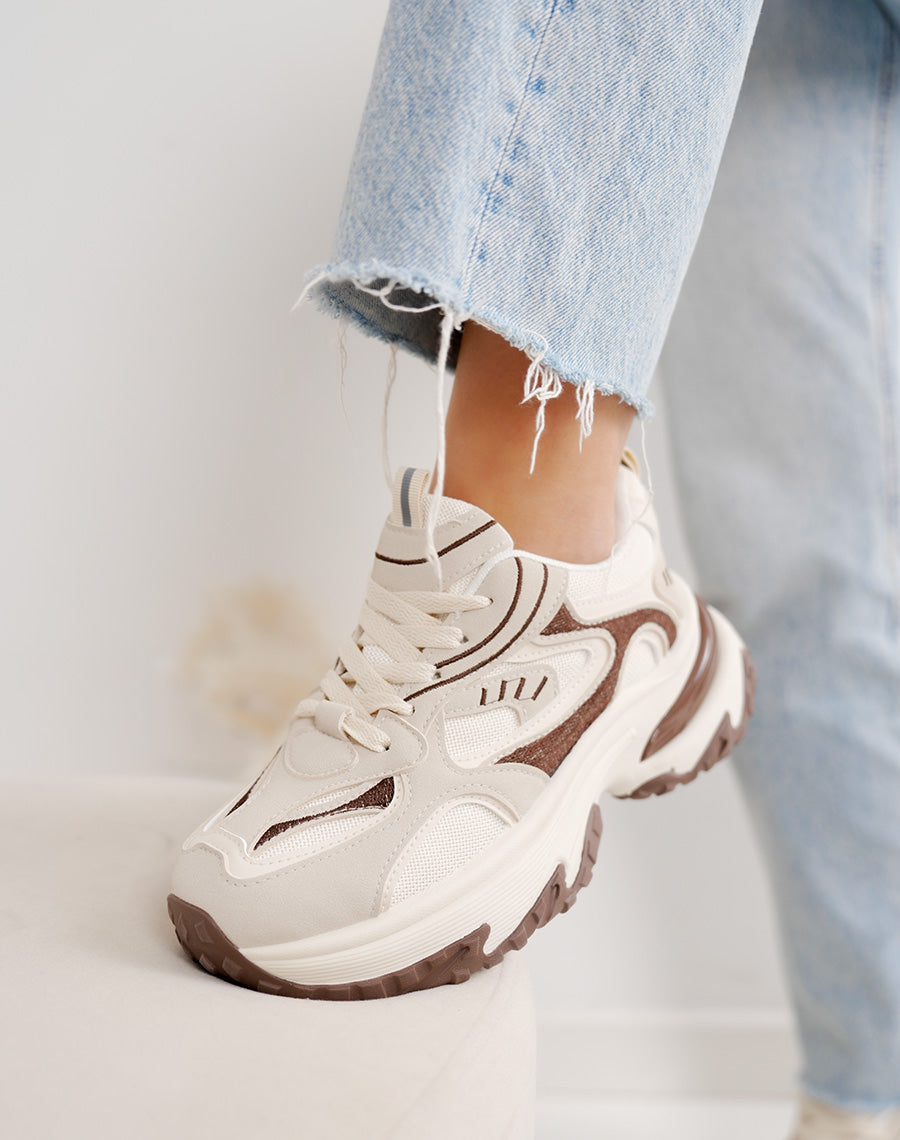 Baskets épaisses beige et marron femme – Semelle crantée et plateforme