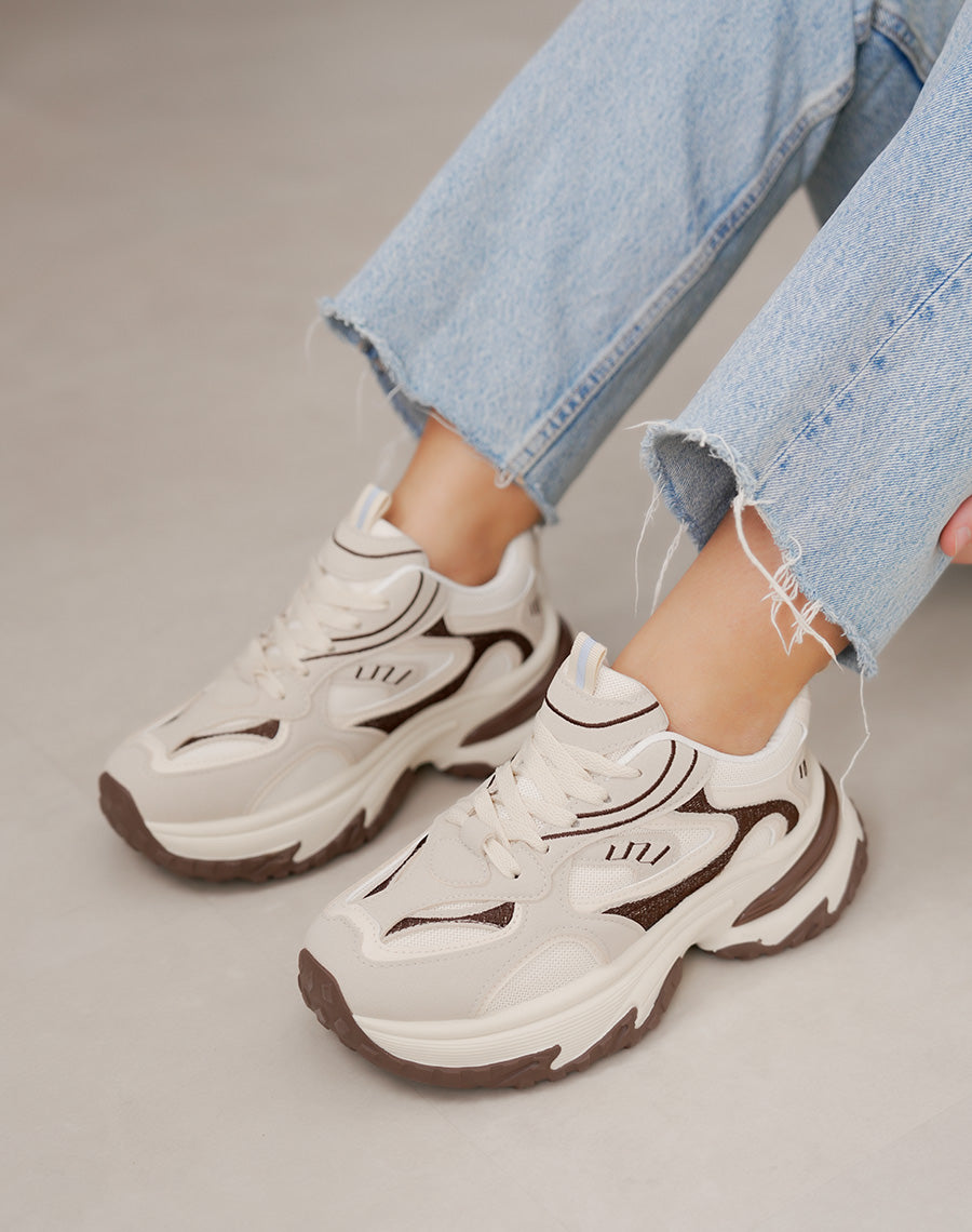 Baskets épaisses beige et marron femme – Semelle crantée et plateforme