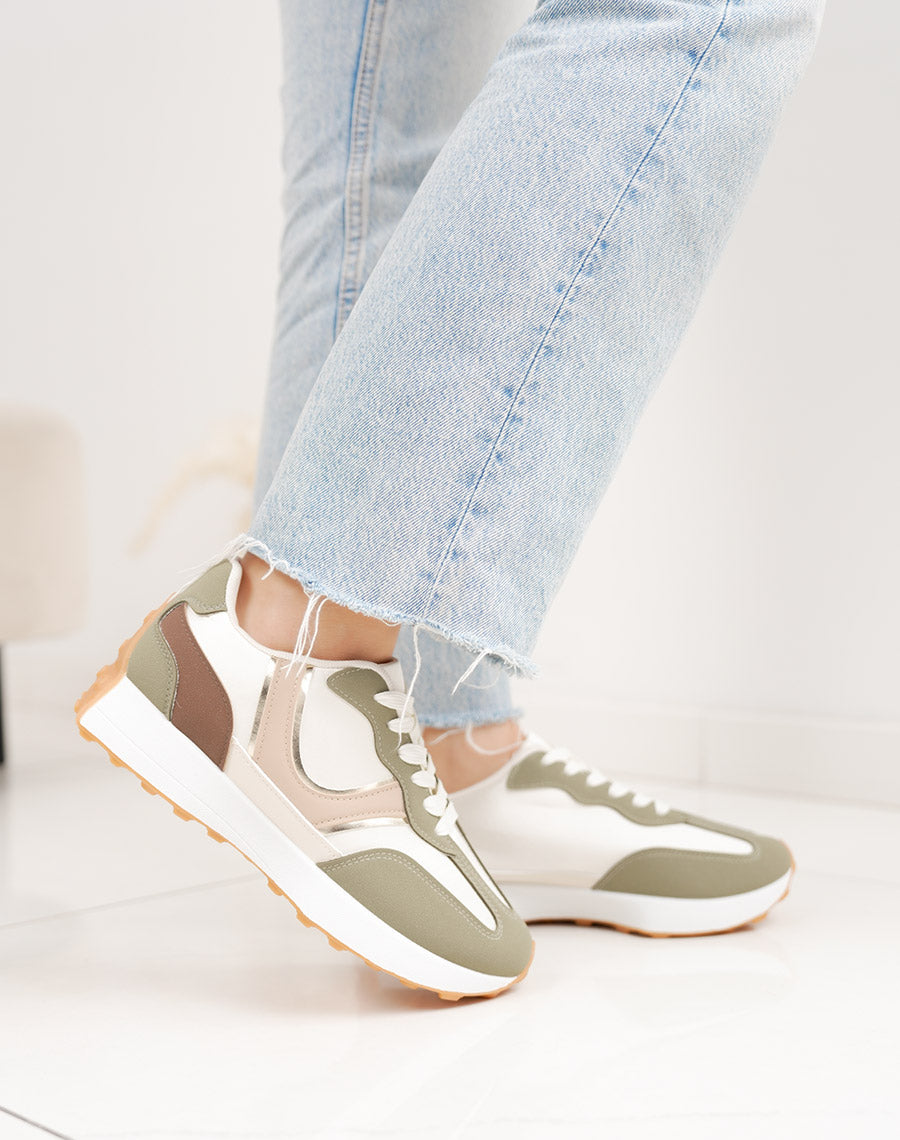 Basket femme vert kaki tendance à empiècements beige, bordeaux et doré