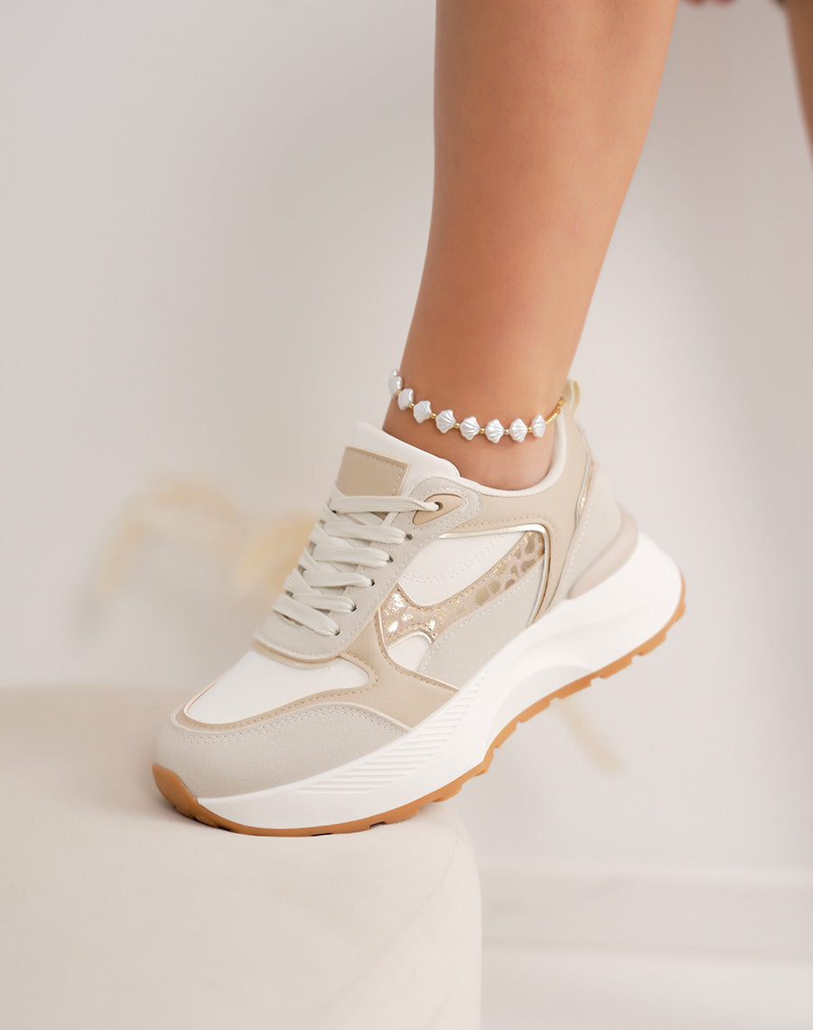 Basket femme blanche épaisse élégante avec empiècement beige et léopard brillant