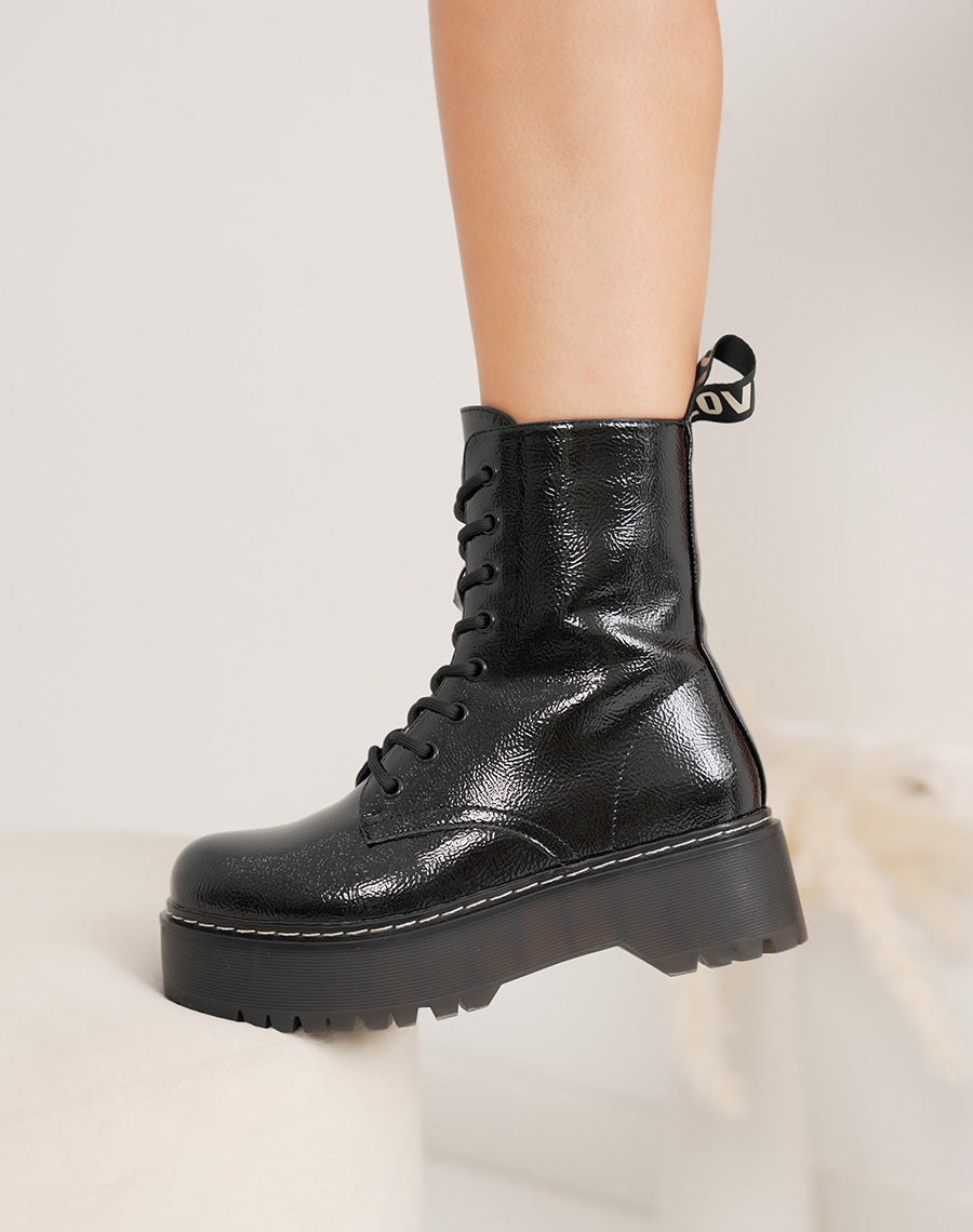 Bottes Rangers Vernies Femme Noires à Plates-Formes