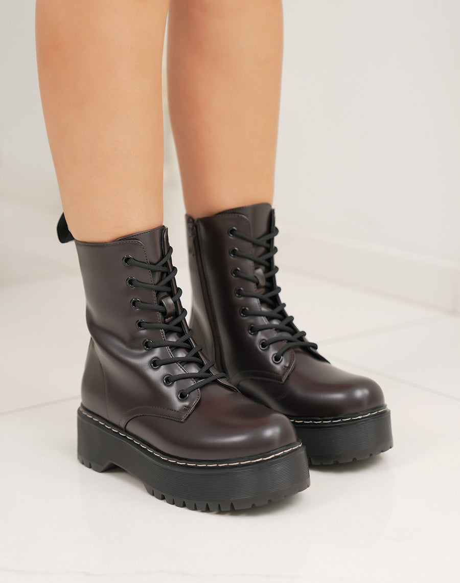 Bottines femme marron mat à plateforme crantée tendance