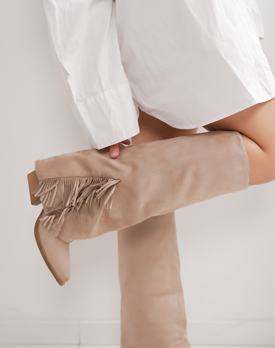 Bottes femme taupe en suédine élégante à franges et talon carré 6cm