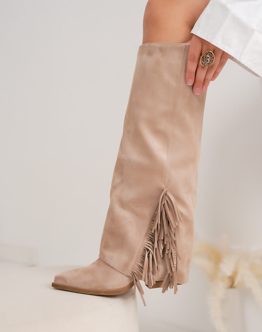 Bottes femme taupe en suédine élégante à franges et talon carré 6cm