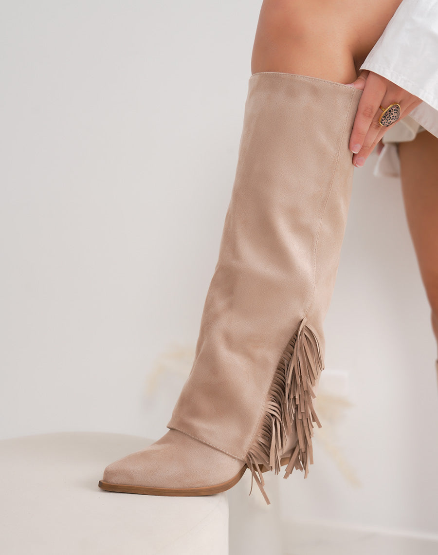 Bottes femme taupe en suédine élégante à franges et talon carré 6cm