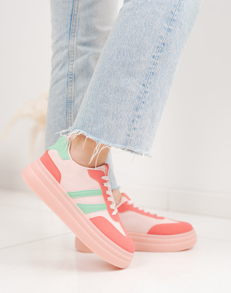 Basket femme rose tendance à double plateforme avec rayures vertes