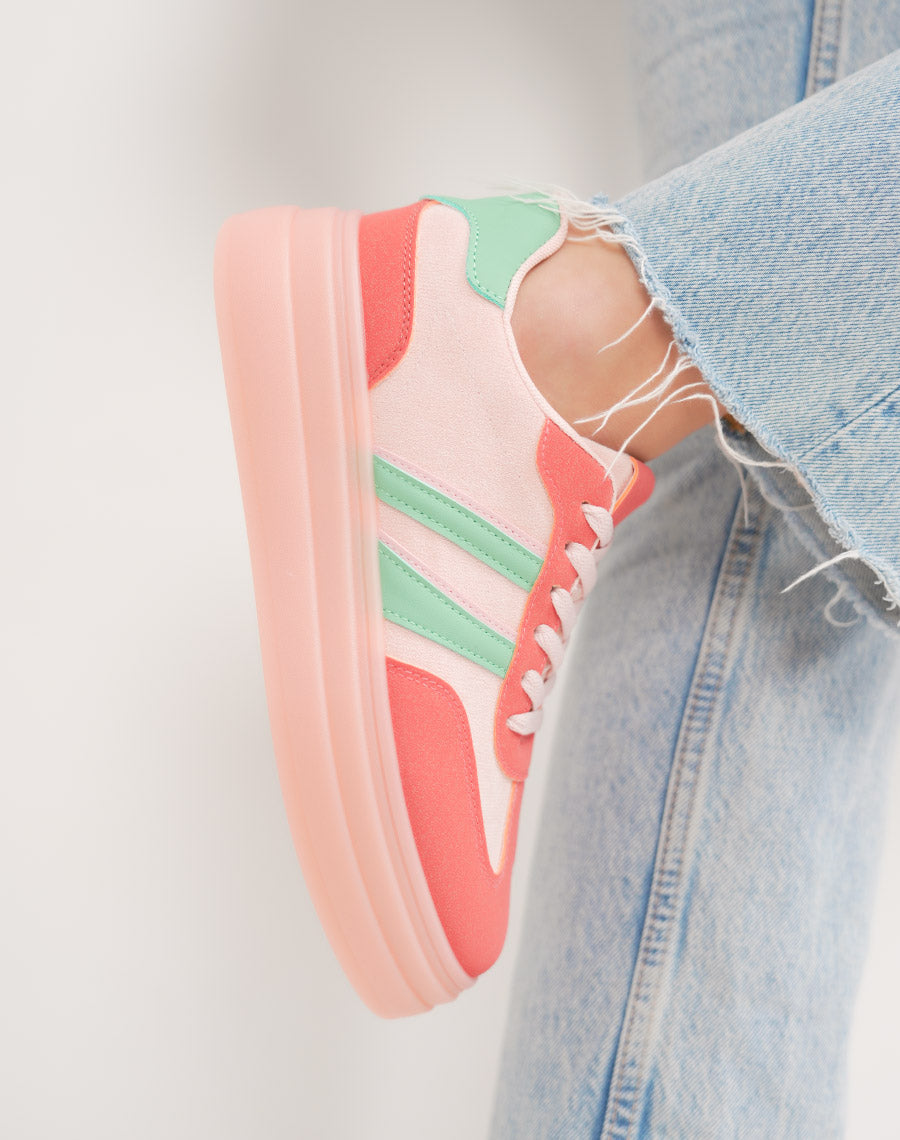 Basket femme rose tendance à double plateforme avec rayures vertes