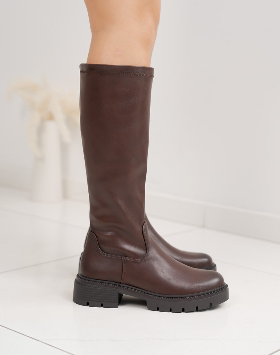 Bottes chaussettes femme marron élégantes avec semelle crantée et talon confortable