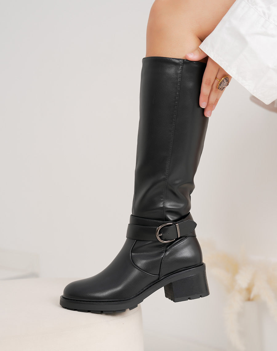 Bottes femme noires à petit talon avec boucle brillante élégante