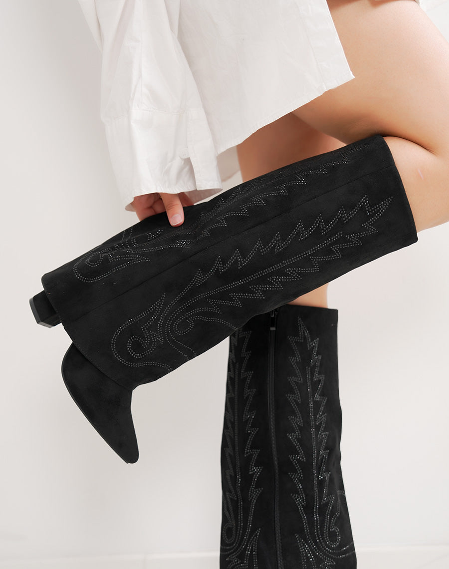 Bottes femme noires style santiags à strass élégantes et bout pointu