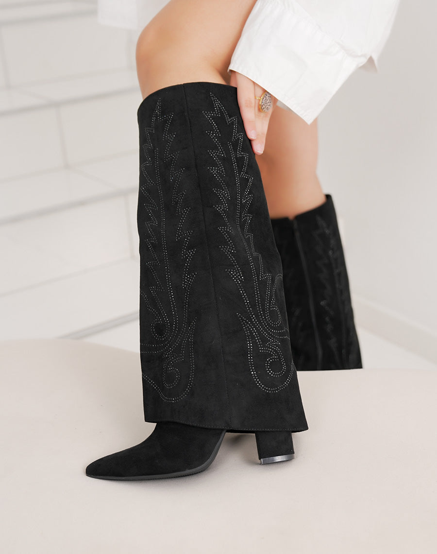 Bottes femme noires style santiags à strass élégantes et bout pointu