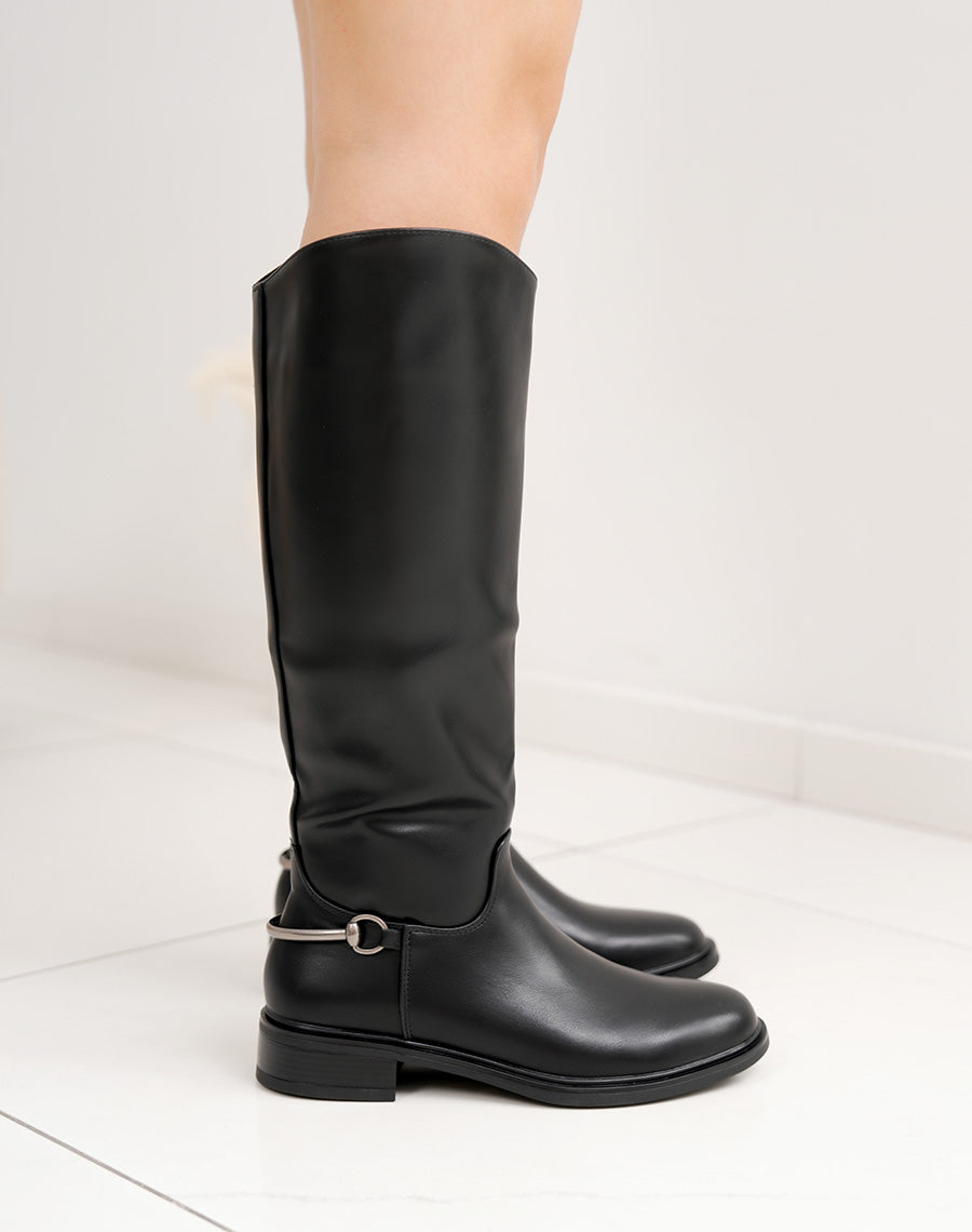 Bottes cavalières femme noires élégantes à semelle fine et boucle argentée