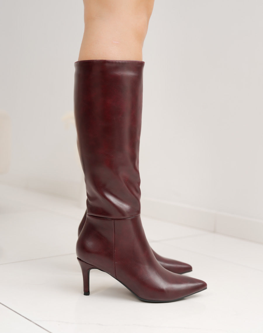 Bottes femme bordeaux élégantes à talon aiguille et bout pointu
