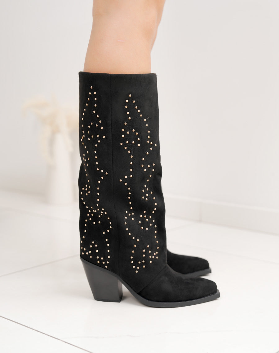 Bottes femme noires style santiags en suédine avec brillants dorés