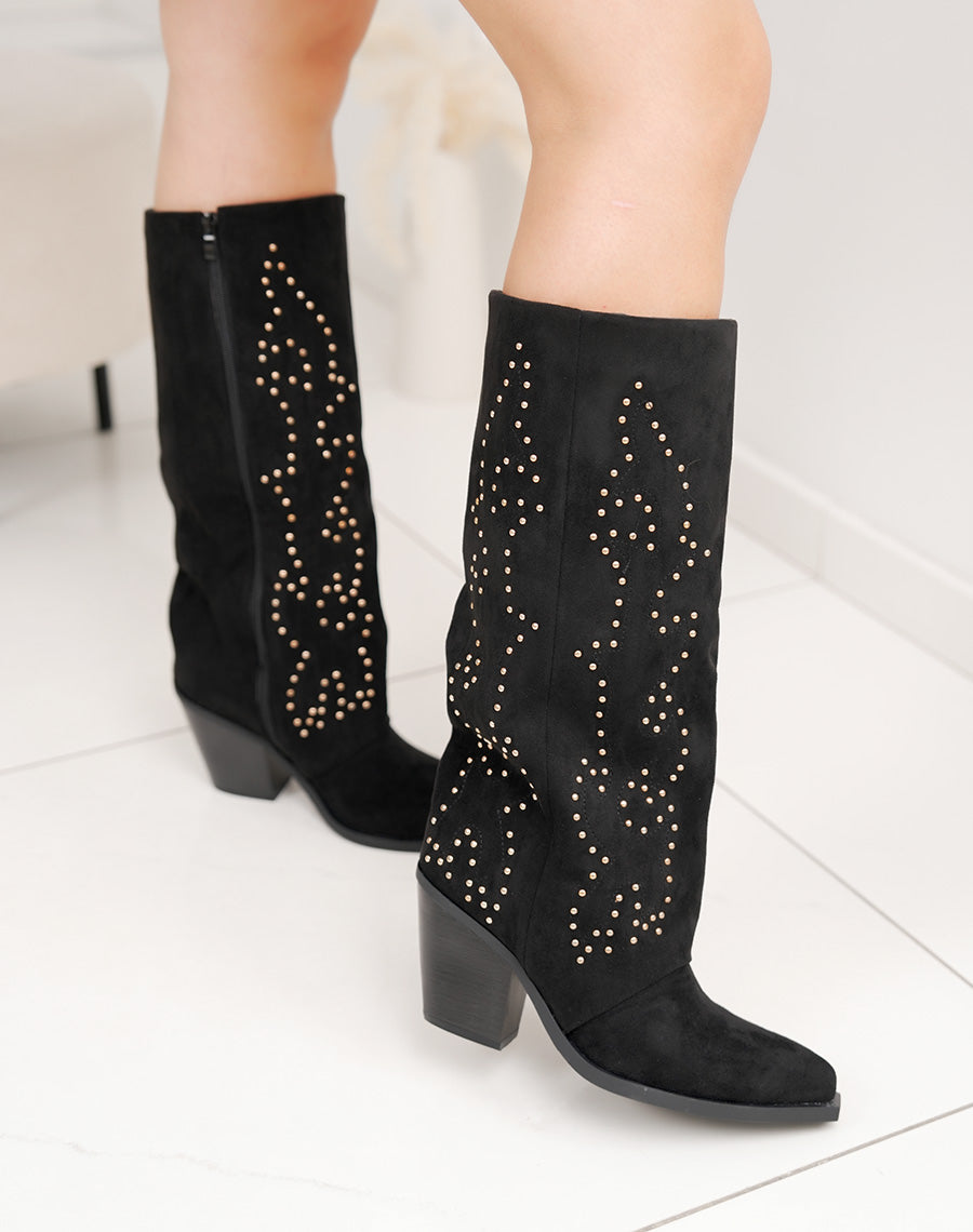 Bottes femme noires style santiags en suédine avec brillants dorés