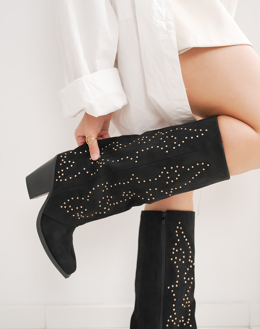 Bottes femme noires style santiags en suédine avec brillants dorés