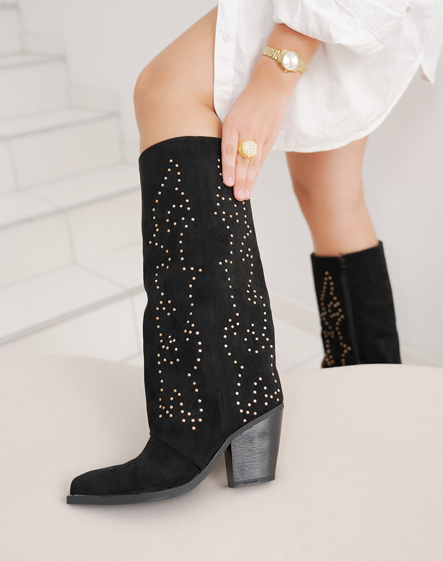 Bottes femme noires style santiags en suédine avec brillants dorés