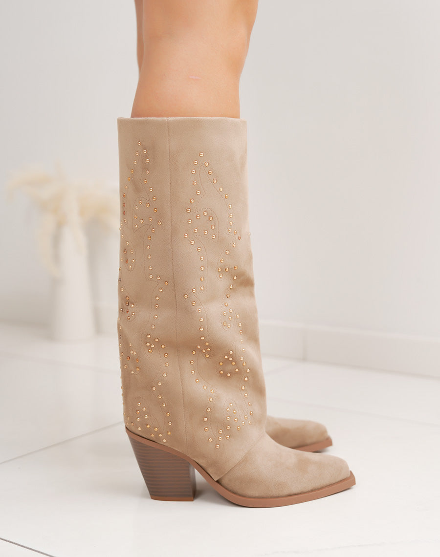 Bottes femme taupe style santiags en suédine avec brillants dorés