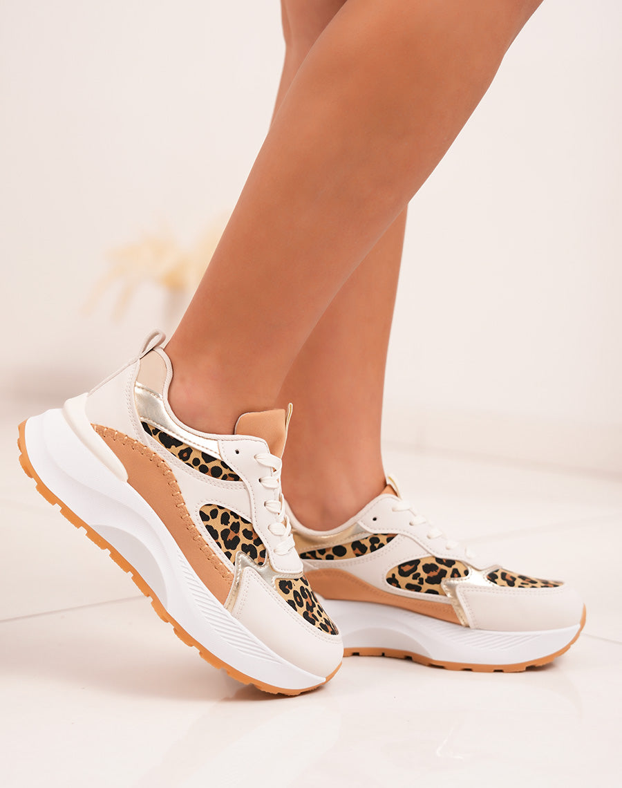 Baskets femme blanches tendance à imprimé léopard et plateforme épaisse