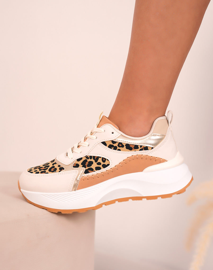 Baskets femme blanches tendance à imprimé léopard et plateforme épaisse