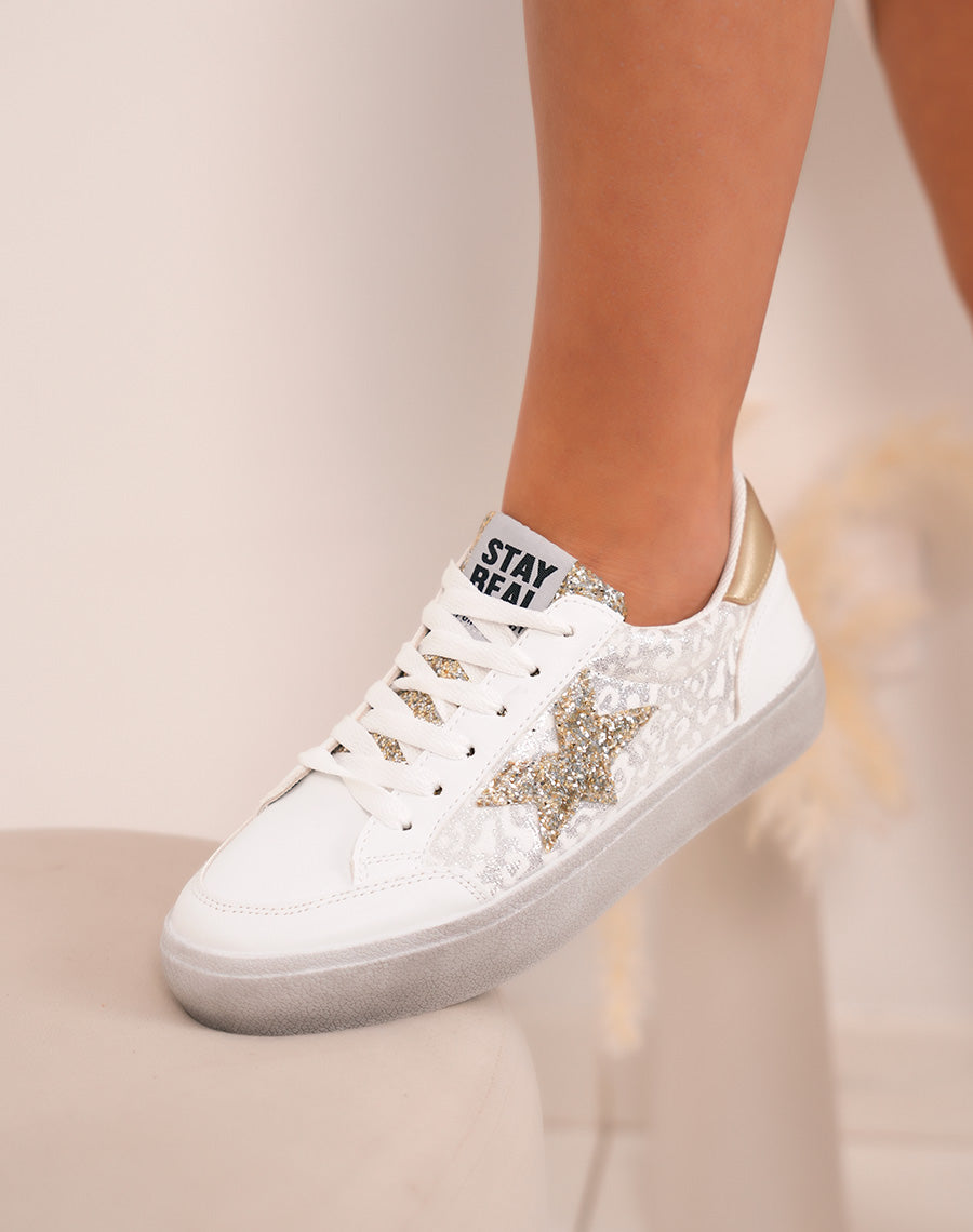 Elegant white women's sneakers with glitter stars and golden details