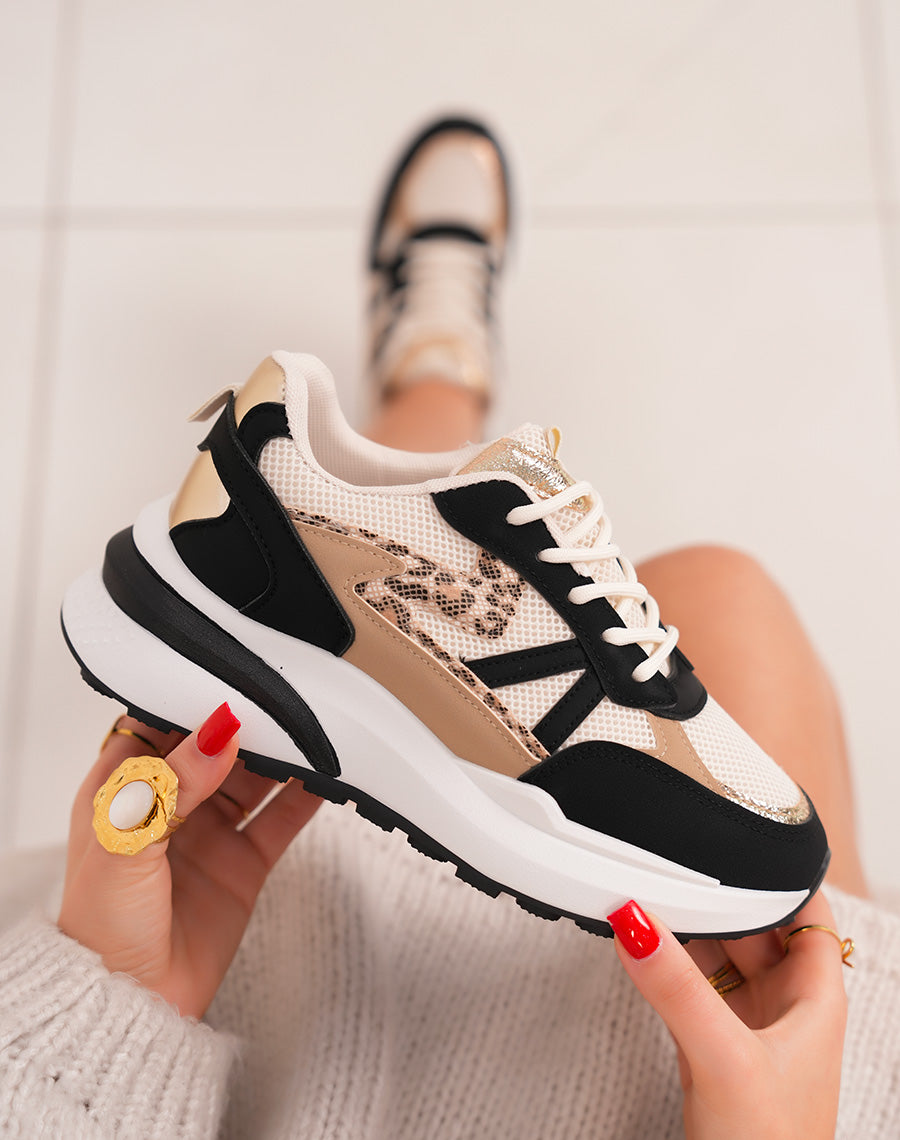Baskets femme noires tendance avec touches dorées et imprimé léopard