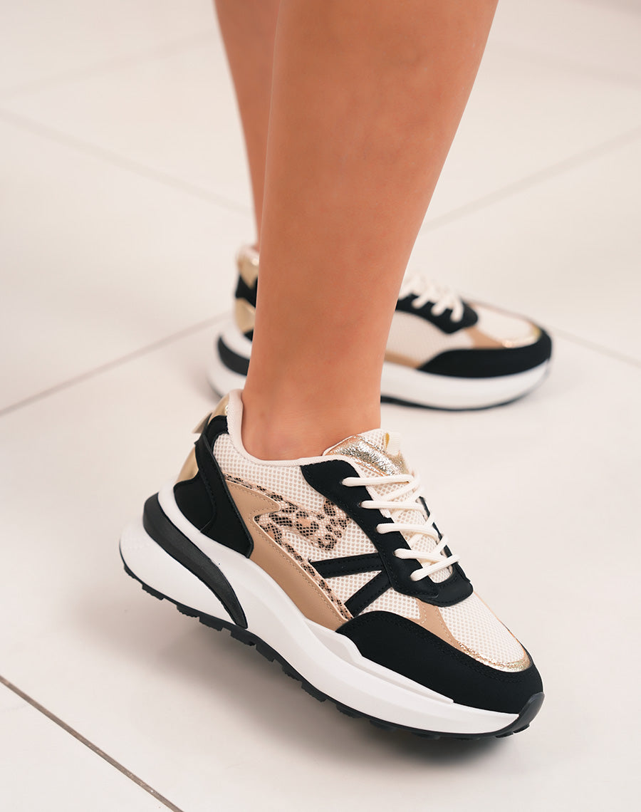 Baskets femme noires tendance avec touches dorées et imprimé léopard