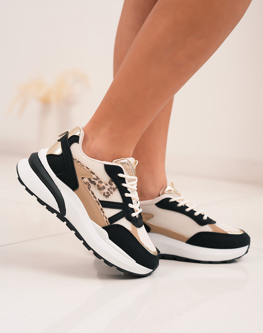 Baskets femme noires tendance avec touches dorées et imprimé léopard